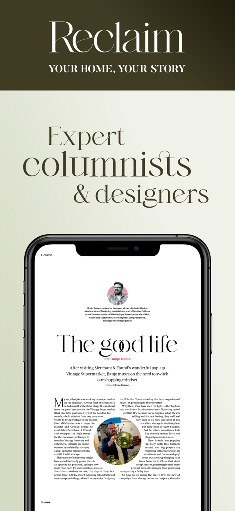 RECLAIM. - ヴィンテージホームスタイリングに関する専門家コラムニスト、バンジョー・ビール氏の記事が掲載されたRECLAIMマガジンのモバイル画面