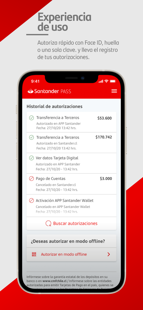Pantalla del historial de autorizaciones de Santander PASS mostrando una lista de transacciones como transferencias y pagos.