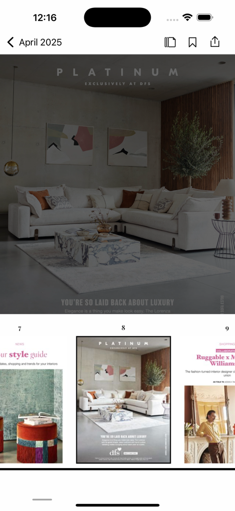 House Beautiful UK app displaying a digital magazine page featuring a luxury living room design