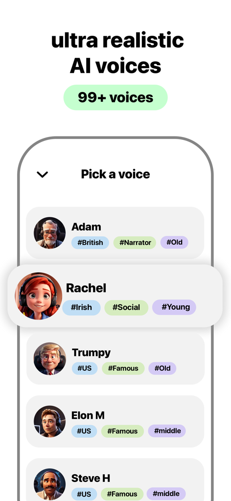 Interfaz de la aplicación Labs AI Voice Generator mostrando una lista de opciones de voz ultrarrealistas como Adam y Rachel.