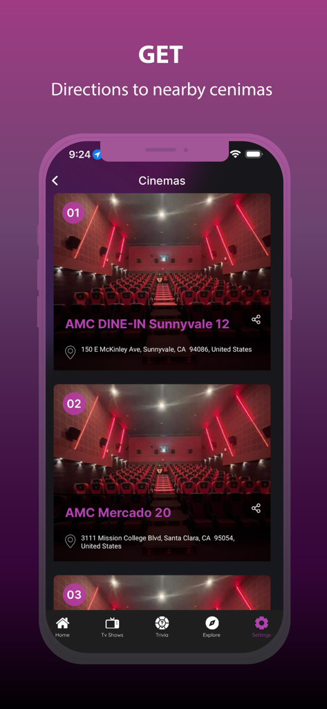 Cinema HD - Movies & TV Shows - 주소와 사진이 포함된 주변 영화관 목록을 보여주는 모바일 앱 인터페이스