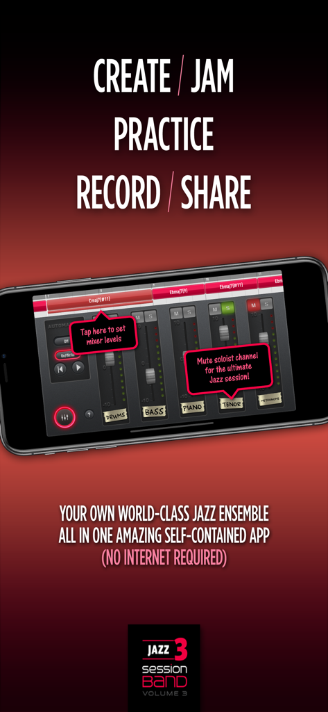 SessionBand Jazz 3 - A smartphone showing the SessionBand Jazz 3 app mixer interface with volume sliders for drums bass piano and tenor sax