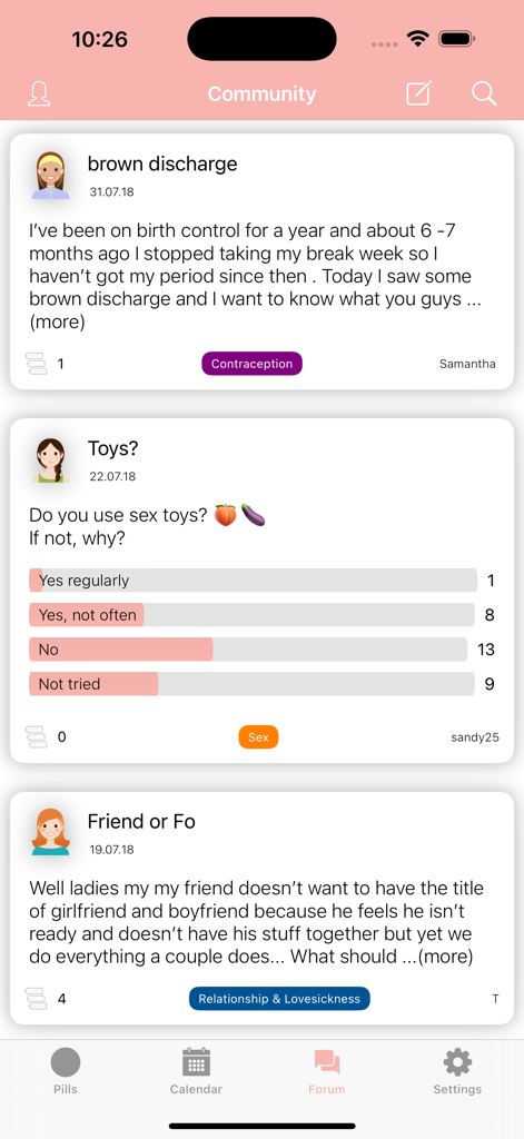 Community forum screen in the BC Pill Reminder app showing user discussions and polls about health and relationships.