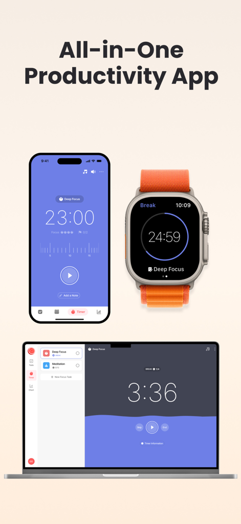 Focus Keeper - Pomodoro Timer - Focus Keeper 뽀모도로 타이머 앱 인터페이스, iPhone, Apple Watch 및 노트북 화면에 표시