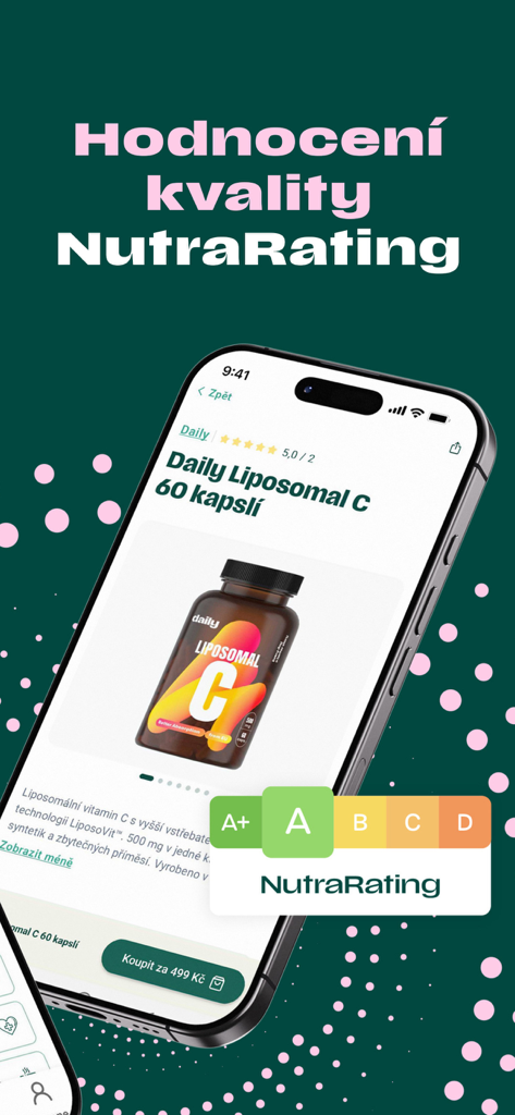 Uma tela de smartphone mostrando o aplicativo Pilulka com uma pontuação de qualidade NutraRating para um suplemento de Vitamina C.