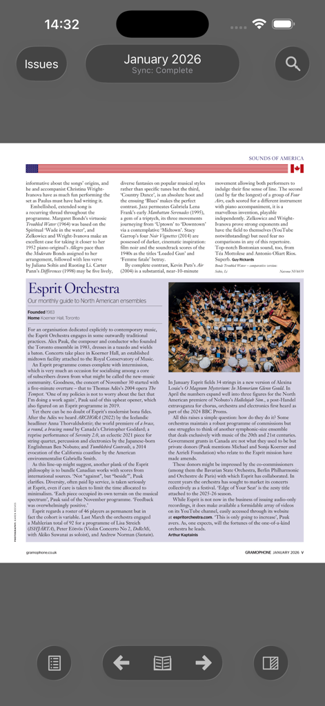 Gramophone Magazine - Vista digitale di un articolo di Gramophone Magazine con un titolo Esprit Orchestra e una fotografia di un ensemble classico.