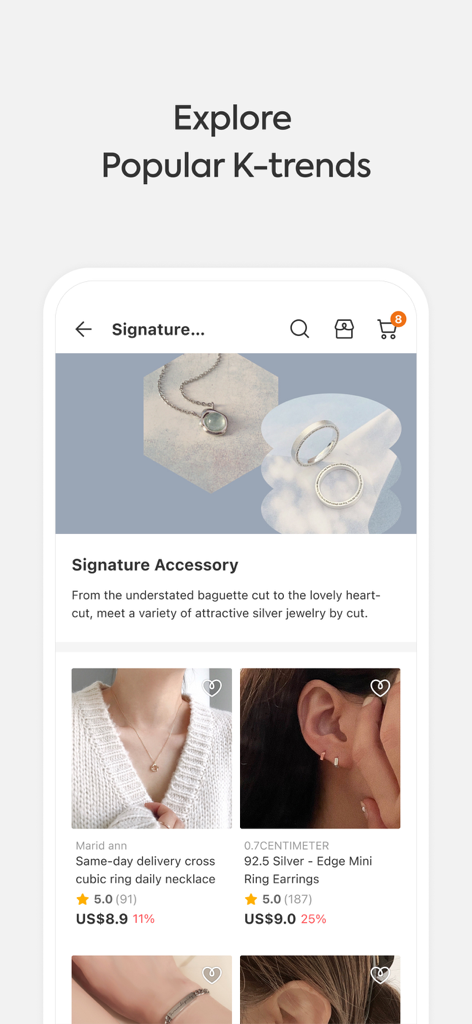 idus - Handmade Marketplace - idusアプリのショッピングインターフェース。トレンドの韓国製ハンドメイドシルバージュエリーとアクセサリーを表示。