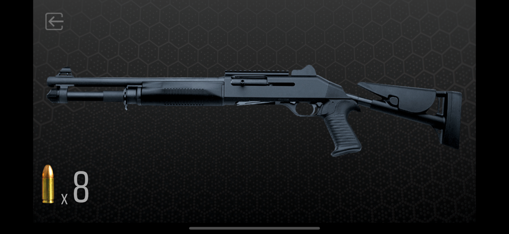 Interface of the Gun Simulator app featuring a realistic tactical shotgun and ammo counter