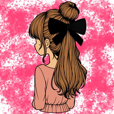 realistic girl  with hip length hair a bun and a big bow on the back of head