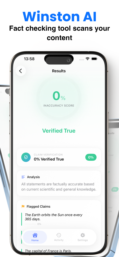 Winston AI Detector &Humanizer - Winston AI mobile app screen showing a fact checking report with a zero percent inaccuracy score and verified true status