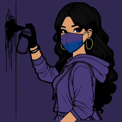 realistic girl with mask spray painting a wall