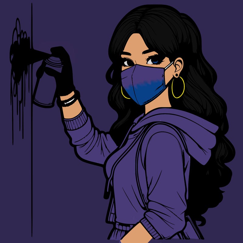 realistic girl with mask spray painting a wall