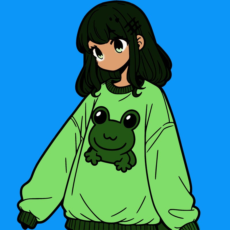 girl wearing frogging sweatshirt