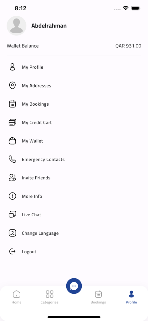 Tela de perfil do usuário do aplicativo concierge E-Butler mostrando detalhes da conta e opções de menu