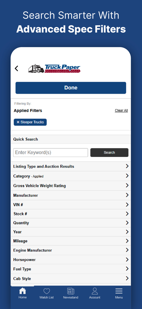 TruckPaper: Trucks For Sale - TruckPaper app interface showing advanced search filters for commercial vehicles including mileage and engine manufacturer