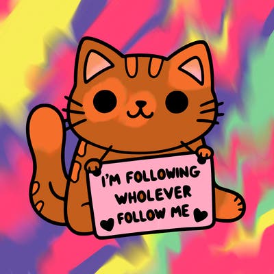 cat with a sign that says i’m following whoever follows me