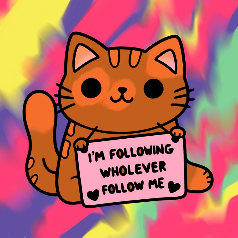 cat with a sign that says i’m following whoever follows me