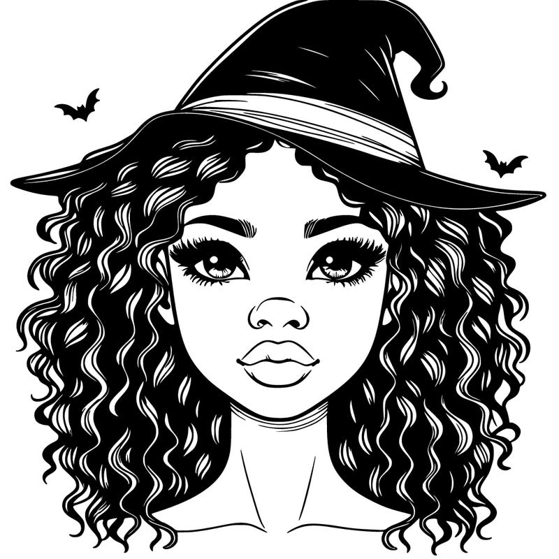 realistic black girl with wavy hair and witch hat and nose and lips