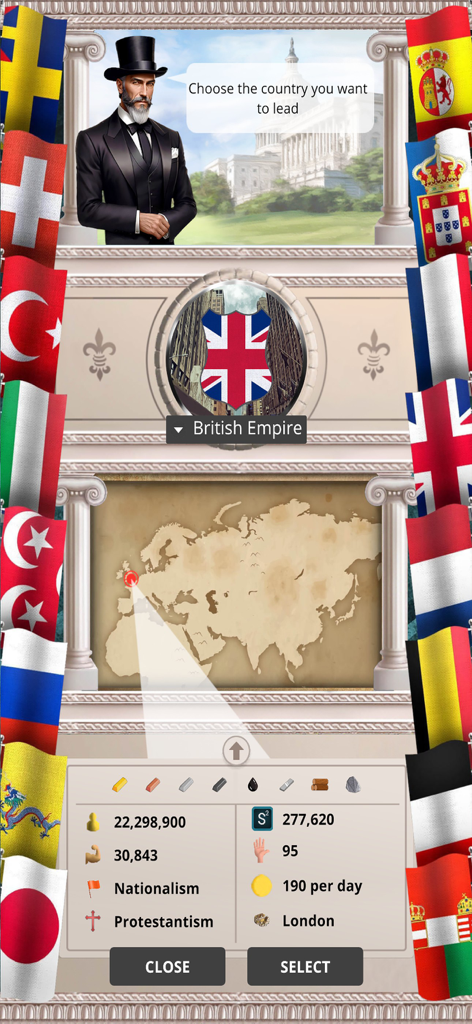 20th c 1 – President Simulator - A country selection screen for the British Empire in a 20th century strategy game featuring a world map and national flags