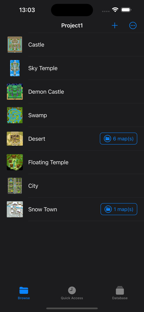 Interfaz de la aplicación Mapper MZ mostrando una lista de proyectos de mapas de RPG Maker MZ con miniaturas