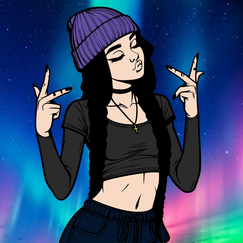 realistic teenage girl with braids and a beanie and crop top doing 🫶🏼