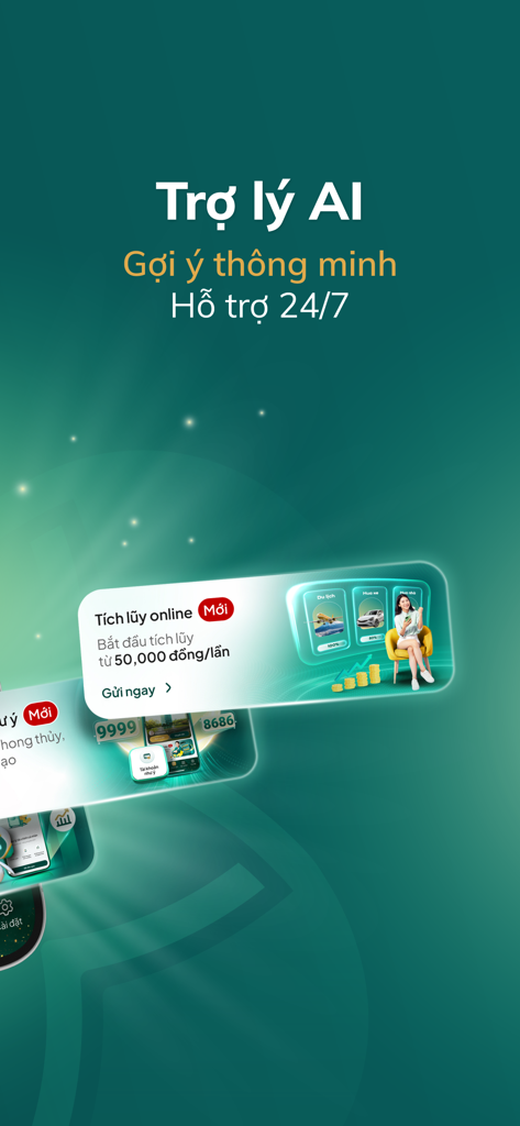 BIDV SmartBanking app screen highlighting the AI Assistant feature with smart suggestions and 24/7 support