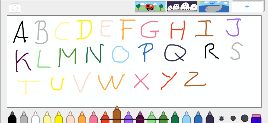 Drawing interface with colorful alphabet letters and markers for toddlers.