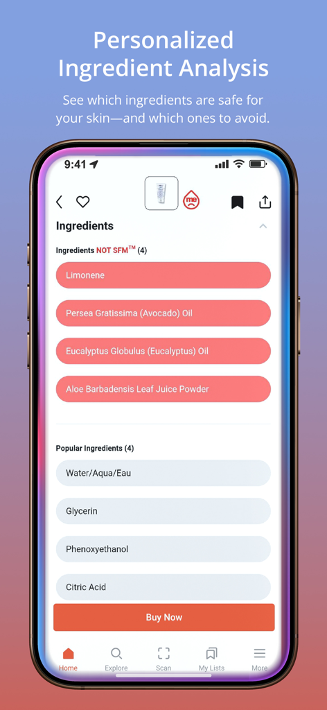 SkinSAFE: AI Skincare Scanner - SkinSAFE app screen displaying personalized ingredient analysis and safety alerts