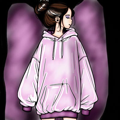 realistic girl with a oversized sweatshirt on and a bun