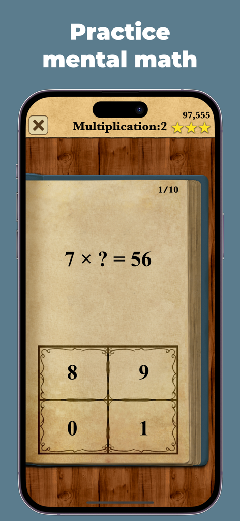 Desafío de cálculo mental de multiplicación en la aplicación King of Math