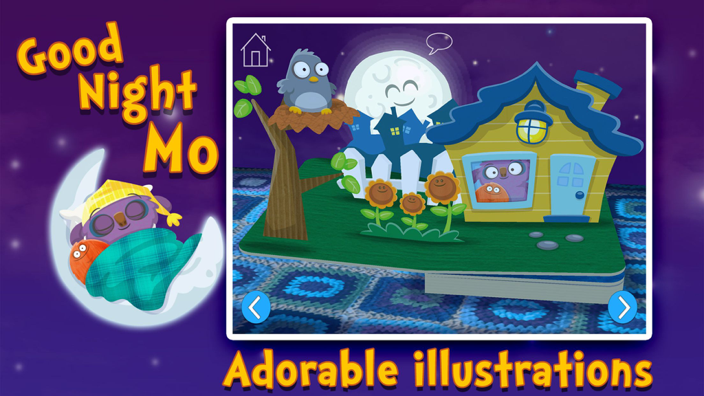 Goodnight Mo app screenshot showing a 3D pop-up book scene with a sleeping monster and a house under a full moon.