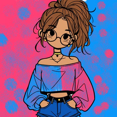 girl with a messy ponytail glasses a baggy crop top and jean shorts