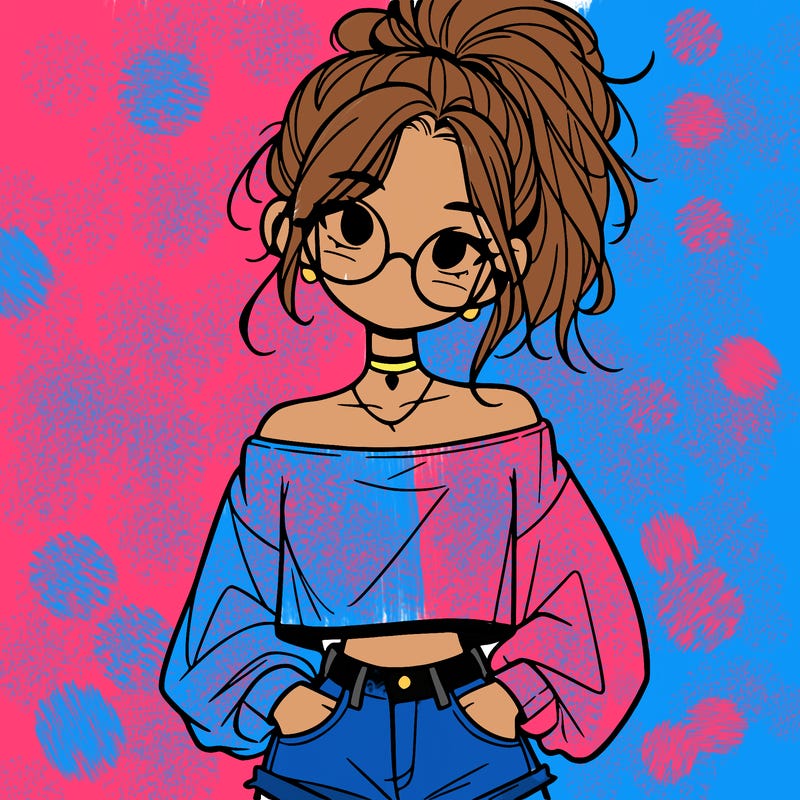 girl with a messy ponytail glasses a baggy crop top and jean shorts