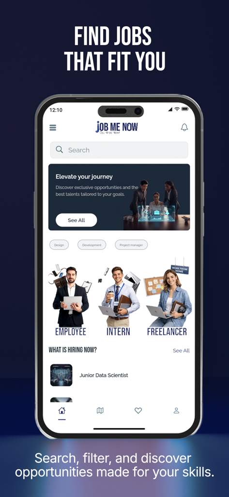 Job Me Now - Find your job - Interface of the Job Me Now app showing job search options for employees interns and freelancers