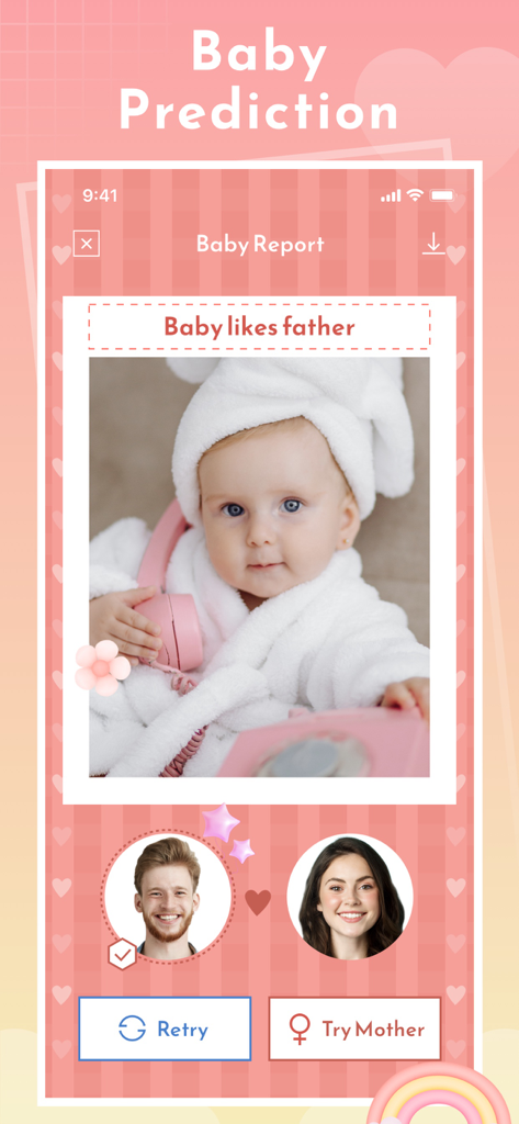 Captura de pantalla de la aplicación Magic Life que muestra la predicción de bebés con IA con fotos de los padres y un informe generado del bebé