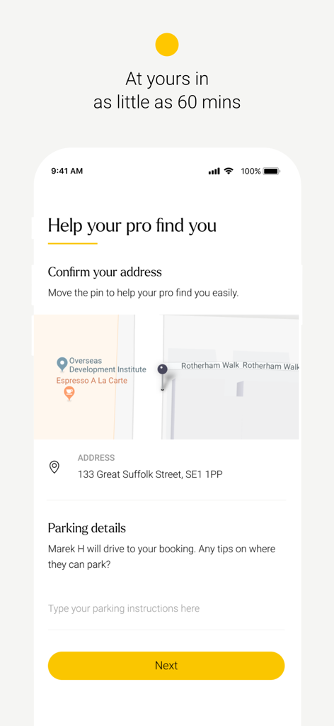 Massage at home | Urban - Address confirmation and parking details screen in the Urban wellness app