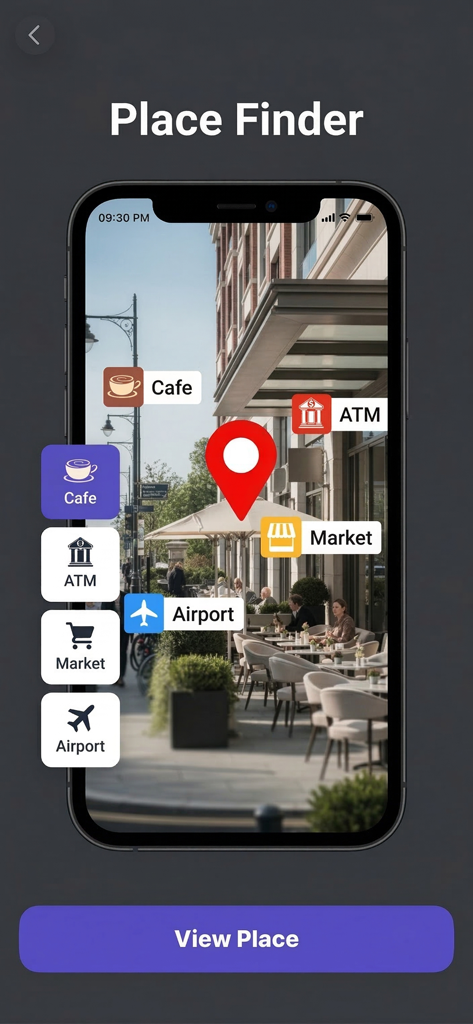 GPS Navigation & Live Earthmap - GPS Navigation app interface showing nearby place icons on a city street