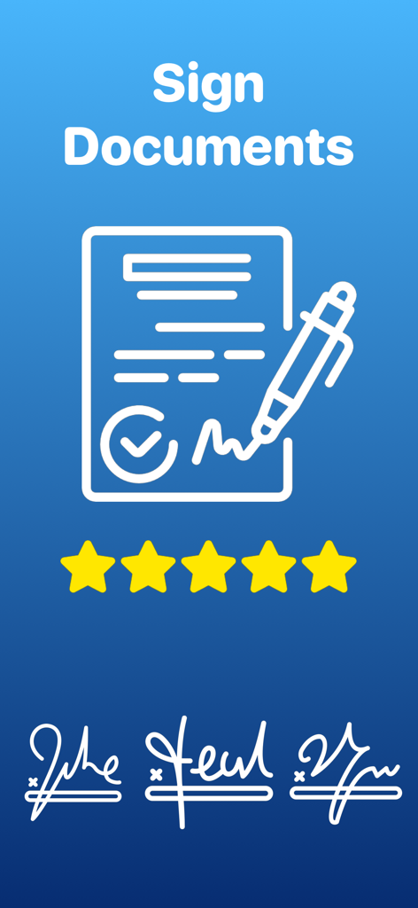 Interface professionnelle d'une application de signature numérique pour signer des documents PDF avec des exemples de signatures et une note de cinq étoiles