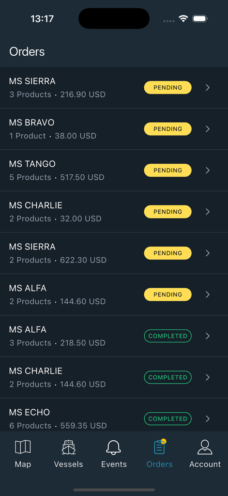 NAVTOR NavFleet - Liste der ausstehenden und abgeschlossenen Schiffsaufträge in der mobilen NAVTOR NavFleet App