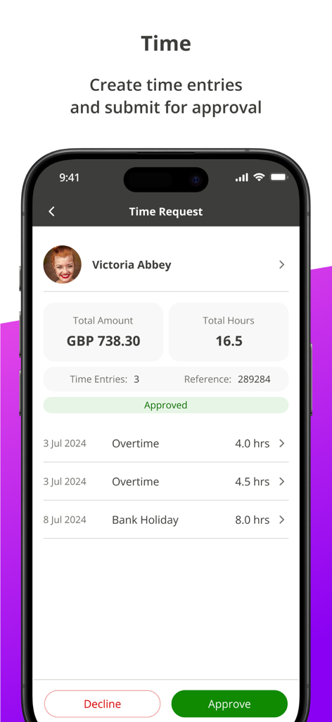 Interface do aplicativo Staffology HR mostrando uma solicitação de tempo com horas e opções de aprovação.