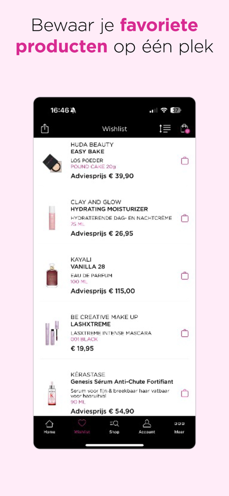 Écran de la liste de souhaits de l'application ICI PARIS XL affichant une liste de produits de beauté et de soins de luxe