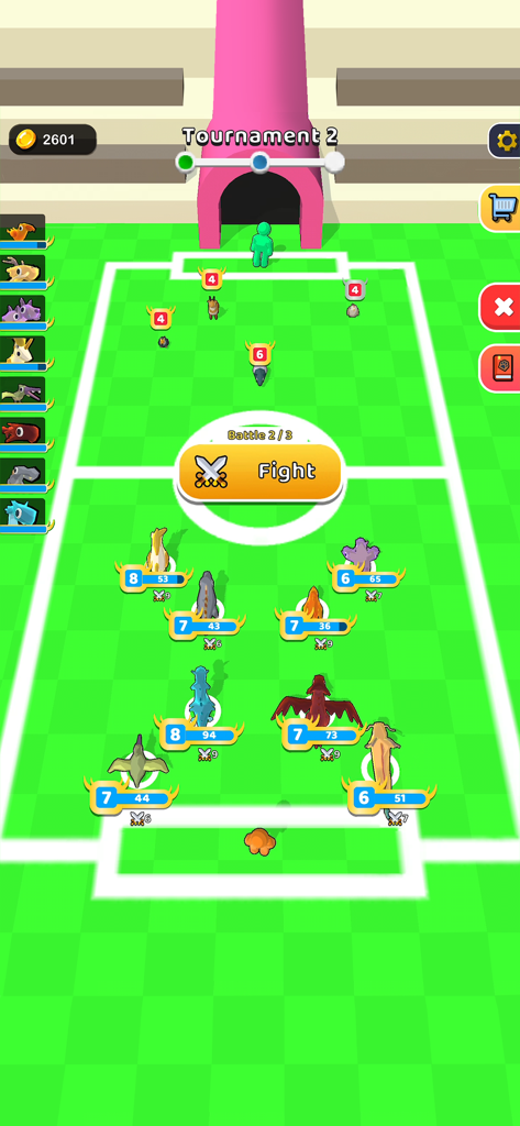 Zookemon - Jugabilidad de Zookemon mostrando una batalla entre dos equipos de animales domesticados en una arena de torneo