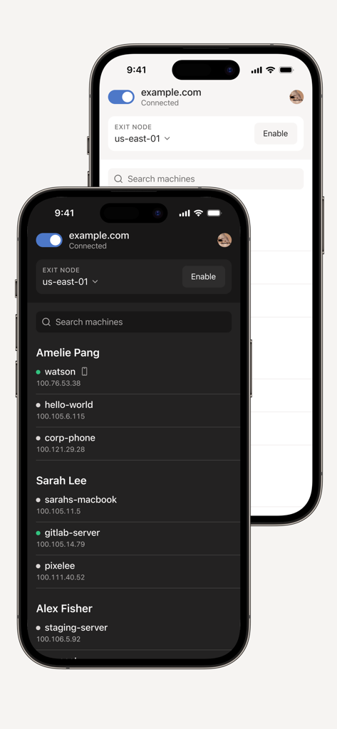 Tailscale - 2台のiPhoneに表示されたTailscaleモバイルアプリのインターフェース。接続されているマシンとネットワークステータスのリストがダークモードとライトモードで表示されます。