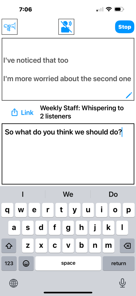 Whisper - talk without voice - Whisper app interface showing real time text entry for non verbal communication during a conversation