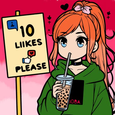 girl with a high ponytail and a hoodie drinking boba staring at a sign saying 10 likes please