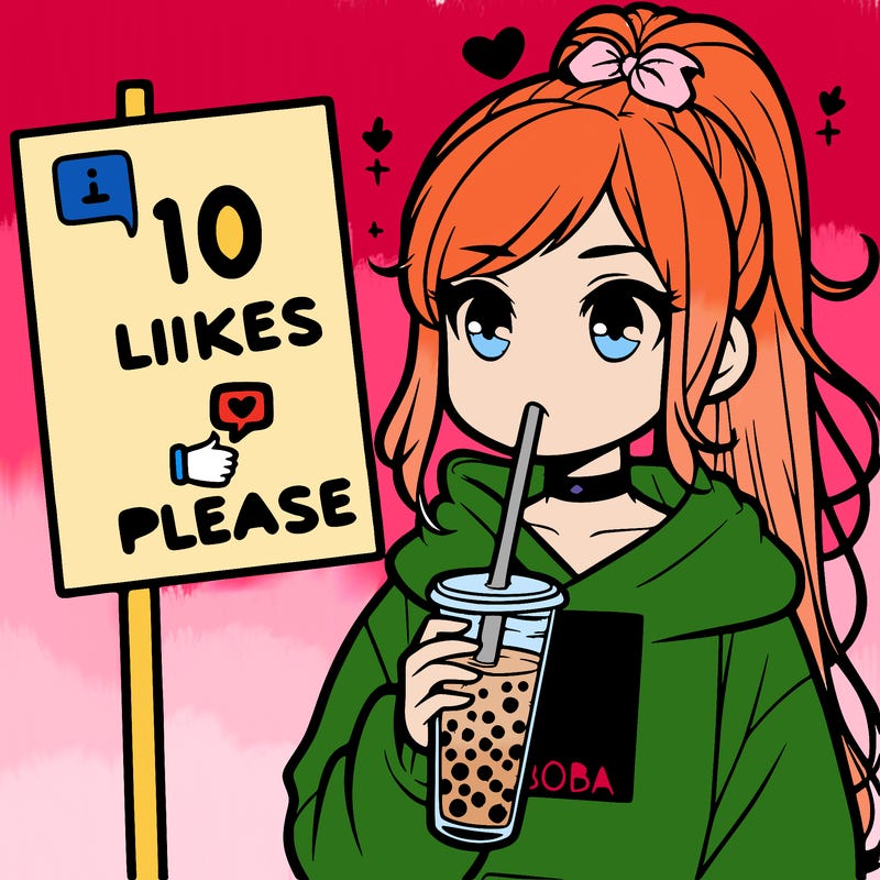 girl with a high ponytail and a hoodie drinking boba staring at a sign saying 10 likes please