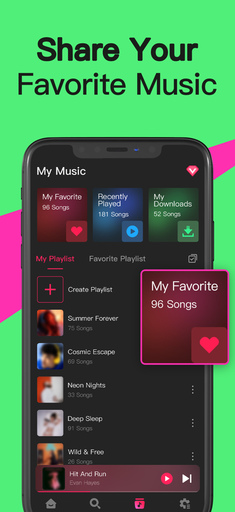 Music Tune - Offline Player - Music Tune app screen showing personal music library and curated playlists