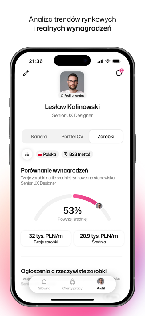Rocket - Asystent Kariery - Mobile app interface showing a salary comparison dashboard with market trends for a UX designer in the Rocket app.