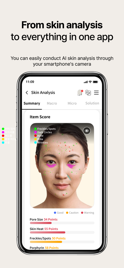 Interface do aplicativo Becon Pro mostrando análise de pele por IA e pontuações de saúde facial em um smartphone