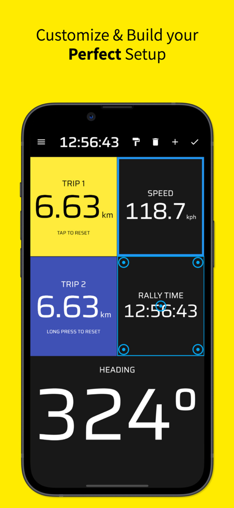 Rally Tripmeter - A customizable rally tripmeter dashboard showing trip distance speed rally time and heading on a smartphone screen